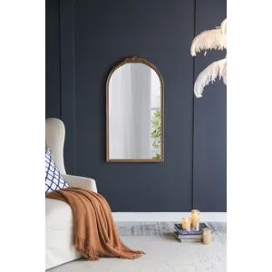 Elos Hand Carved Rose Antique Mirror Frame, Wood Arch Mirror Wall Decor For Living Room, Bathroom, E