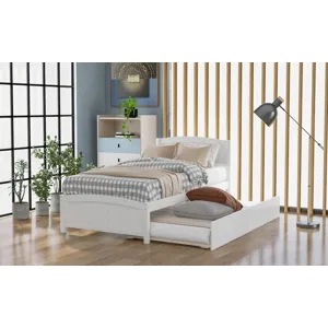 Twin Size, Platform Bed With Trundle - White