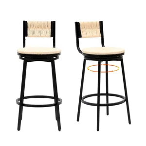 Bar Stools Swivel Counter Chairs With Metal Frame (Set of 2) Hand Woven Paper Rope Dining Barstools 