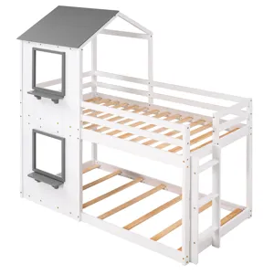 Twin Over Twin Bunk Bed Wood Bed & Roof, Window, Guardrail, Ladder - White