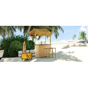 Hawaiian-Style Bar Height Patio Set With PE Grass Canopy, Outdoor Bar Table And Stools With Adjustab