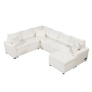 Sectional Sofa Pull-Out Sofa Bed Sleeper With A Storage Ottoman, Three Pillows And Charging Devices 