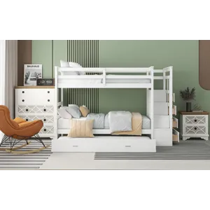 Twin Over Twin Bunk Bed With Trundle And Staircase - White
