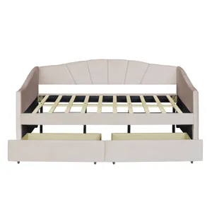 Twin Size Upholstered Daybed With Two Drawers And Wood Slat - Beige