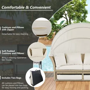 Outdoor Patio Daybed Wicker Rattan Double Daybed Round Sofa Furniture Set With Retractable Canopy, 4