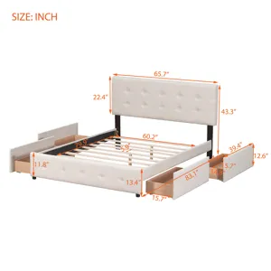 Queen Size Upholstered Platform Bed With Classic Headboard And 4 Drawers, No Box Spring Needed - Bei