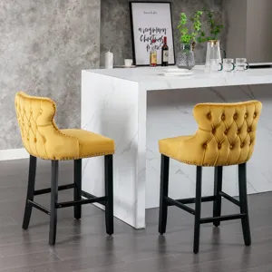 Contemporary Velvet Upholstered Wing-Back Barstools With Button Tufted Decoration And Wooden Legs, A
