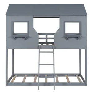 78\" Twin Over Twin Bunk Bed Wood Bed With Roof, Window, Guardrail, Ladder - Gray