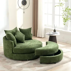360° Swivel Accent Barrel Chair With Storage Ottoman & 4 Pillows, Modern Chenille Leisure Chair Roun