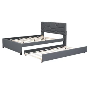 Full Size Upholstered Platform Bed With Brick Pattern Headboard And Twin Size Trundle, Linen - Gray