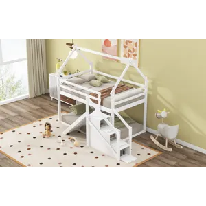 Twin Over Twin House Loft Or Bunk Bed With Slide And Staircase - White