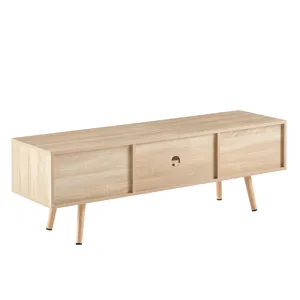 55.12\" Rattan TV Cabinet, Double Sliding Doors For Storage, Adjustable Shelf, Solid Wood Legs, TV C