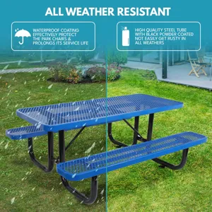 Outdoor Steel Picnic Rectangular Table With Umbrella Pole - Blue