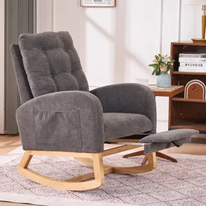 Accent Rocking Chair With Footrest High Back Rubber Wood Rocking Legs Bedroom Living Space - Gray