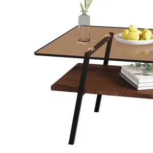 Rectangle Coffee Table, Tempered Glass Tabletop With Metal Legs, Modern Table For Living Room - Brow