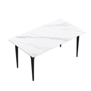 63\" Modern Artificial Stone White Straight Edge Black Metal Leg Dining Table, 6 People - White / Bl