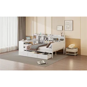 Full Size Wooden Daybed With 3 Drawers, USB Ports And Desk - White