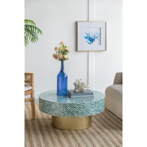 Unique Hyperion Capiz Inlay Drum Coffee Table With Gold Pedestal Base - Multi
