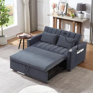 Convertible Sofa Bed Loveseat Sofa With Three USB Ports, Two Side Pockets, Two Cup Holders And 360° 