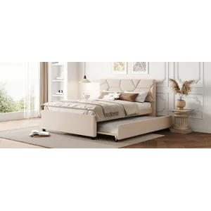 Full Size Upholstered Platform Bed With Brick Pattern Headboard And Twin Size Trundle, Linen - Beige
