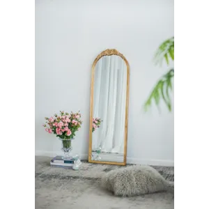 Wood Floor Mirror, Full Body Mirror Dressing Make Up Mirror For Bathroom Bedroom Living Room - Gold