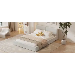 Queen Size Upholstered Platform Bed With , Grounded Bed With Solid Frame - Beige