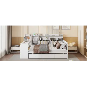 Full Size Wooden Daybed With 3 Drawers, USB Ports And Desk - White