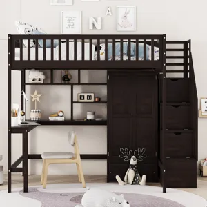 Full Size Loft Bed With Bookshelf, Drawers, Desk, And Wardrobe - Espresso