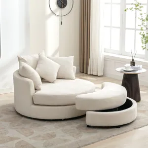 360° Swivel Accent Barrel Chair With Storage Ottoman & 4 Pillows, Modern Chenille Leisure Chair Round Accent For Living Room - Cream
