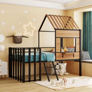 Twin Size Loft Bed With Roof, Window, Guardrail, Ladder Black