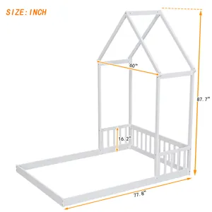 Full Roof-Framed Headboard Floor Bed With Headboard Guardrails - Without Slats White