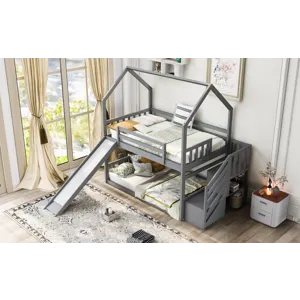 Twin Over Twin House Bunk Bed With Convertible Slide, Storage Staircase Can Be Placed Left Or Right 