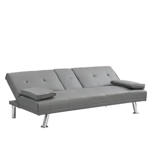 Sofa Bed With Armrest Two Holders Wood Frame, Stainless Leg Futon - Gray
