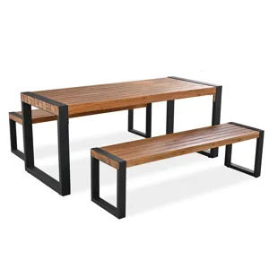 3 Pieces Outdoor Dining Table With 2 Benches, Patio Dining Set With Unique Top Texture, Acacia Wood 