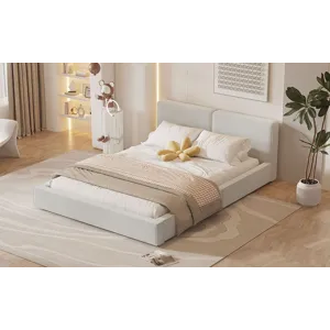 Queen Size Upholstered Platform Bed With , Grounded Bed With Solid Frame - Beige