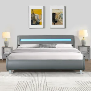 Queen Size Upholstered Platform Bed Frame With LED Lighting, Curve Design, Wood Slat Support, No Box