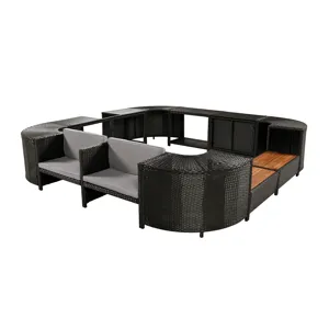 Spa Surround Spa Frame Quadrilateral Outdoor Rattan Sectional Sofa Set With Mini Sofa, Wooden Seats 