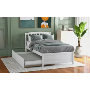 Twin Size Platform Bed Wood Bed Frame With Trundle - White
