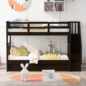 Stairway Twin Over Twin Bunk Bed With Three Drawers For Bedroom, Dorm - Espresso