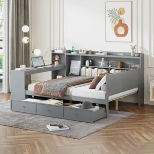 Full Size Wooden Daybed With 3 Drawers, USB Ports And Desk - Gray