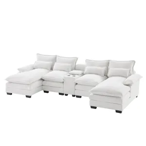 Modern U Shaped Sofa With Console, Cupholders And USB Ports, 6 Seat Upholstered Symmetrical Indoor F