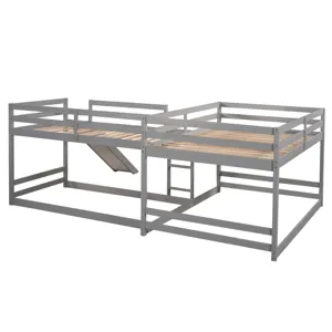 Full And Twin Size L-Shaped Bunk Bed With Slide And Short Ladder - Gray
