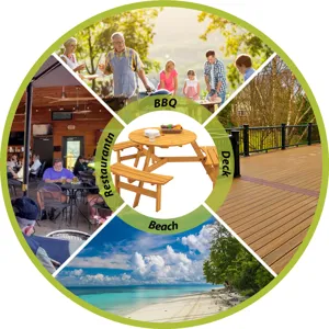 6 Person Circular Outdoor Wooden Picnic Table For Patio, Backyard, Garden, Diy With 3 Built-In Bench