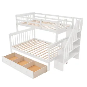Twin Over Full Stairway Bunk Bed With Drawer, Storage And Guard Rail For Bedroom, Dorm, For Adults -