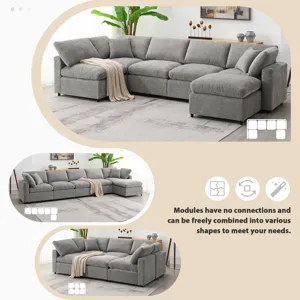 Modern Modular Cloud Sofa Bed, 6 Seat Chenille Sectional Couch Set With Ottoman, Free Combination, C