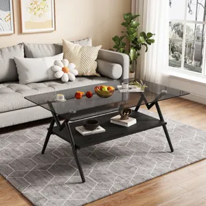 Rectangle Coffee Table With Tempered Glass Top And Black MDF Shelf, Modern Table For Living Room - G