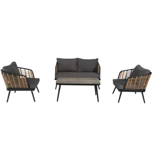 4 Pieces Patio Furniture Set, PE Rattan Wicker With Washable Cushion And Tempered Glass Tabletop, Co