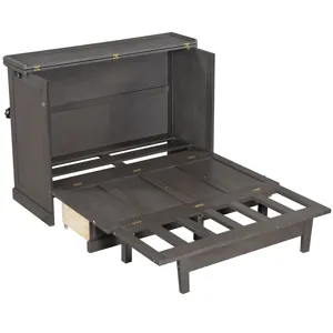 Full Solid Pine Murphy Bed Chest Cube Cabinet Bed With Charging Station And Large Storage Drawer For