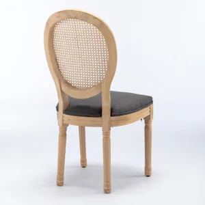 French Style Solid Wood Frame Antique Painting Linen Fabric Rattan Back Dining Chair (Set of 2) - Gr