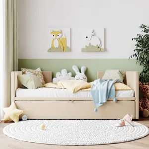 Twin Size Upholstered Daybed With Pop Up Trundle - Beige
